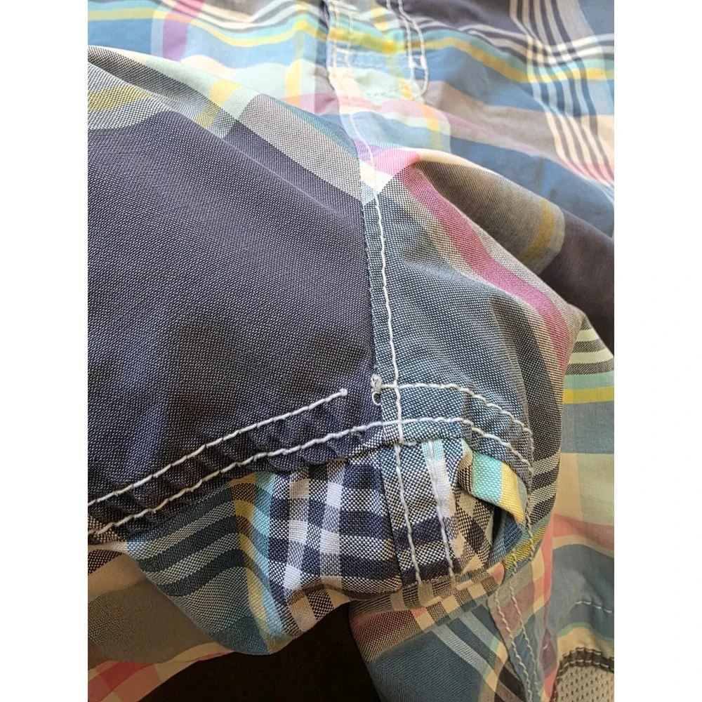 Abercrombie & Fitch Mens XL Blue Pink Plaid Board Shorts Swim Trunks Mesh Lined